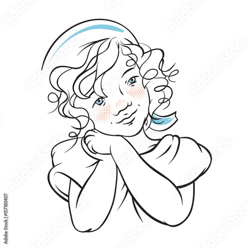 Little Girl Doodle, Kid Smiling, Vintage Look With Sailor Hat, Isolated On White Background, Vector Illustration.