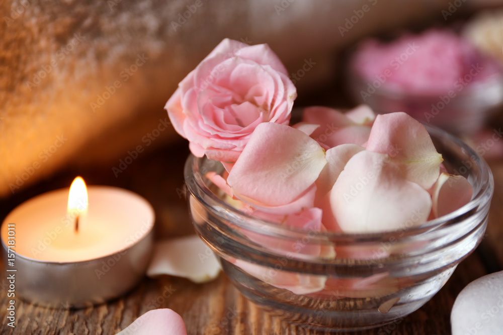 Beautiful spa composition on wooden table Beautiful spa composition on wooden table