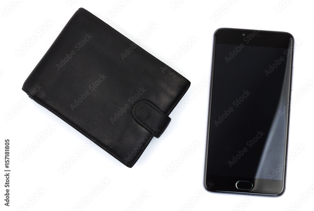 Cell phone with black blank screen with leather wallet Cell phone with black blank screen with leather wallet