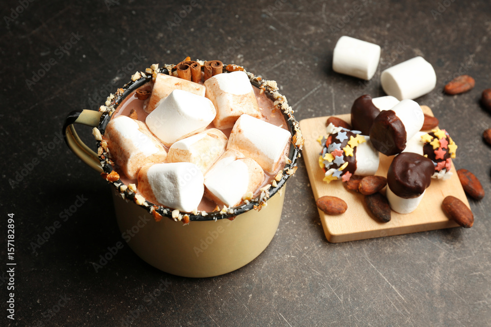 Cup of cocoa with marshmallows on table Cup of cocoa with marshmallows on table