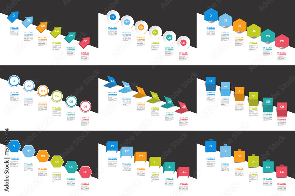 Mega set of Infographics timeline banners, charts. Step by step report templates. Vector.