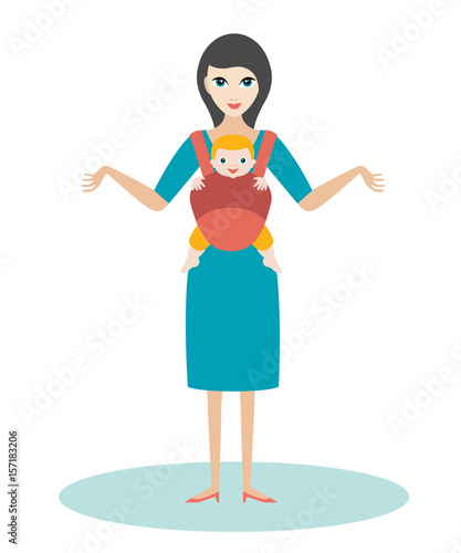 Mother with child born baby in a baby carrier, sling.