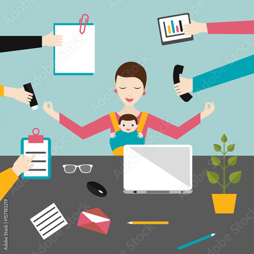 Businesswoman in lotus meditation position in work office with baby in carrier, sling. Multitasking concept. Flat  illustration.