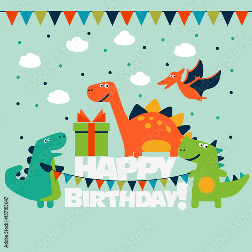Happy birthday - lovely vector card with funny dinosaurs. Ideal for cards, logo, invitations, party, banners, kindergarten, preschool and children room decoration