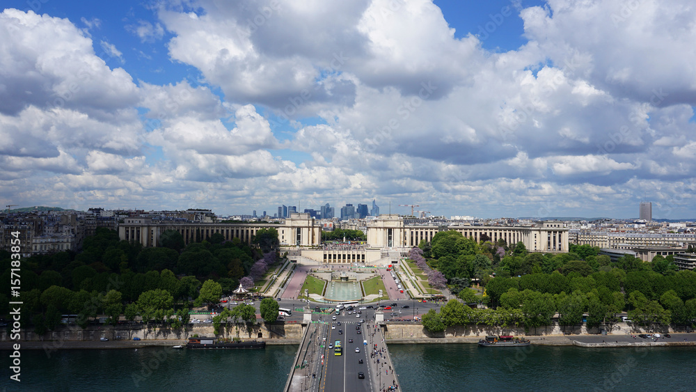 Aerial view of Trocadero gardens from Eiffel tower with beautiful scattered clouds, Paris, France
