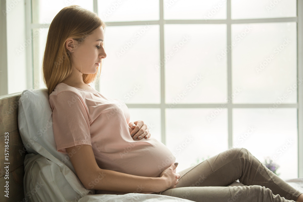 Young preganant woman expecting a baby relaxing on bed indoors Young preganant woman expecting a baby relaxing on bed indoors