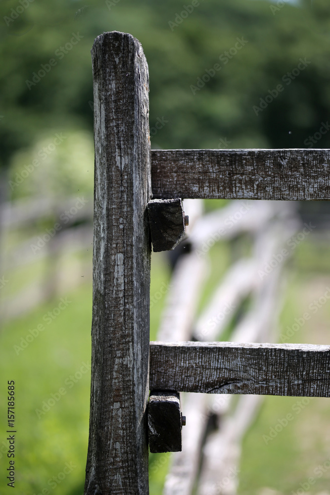 Vertical photo of old wooden fence at animal farm