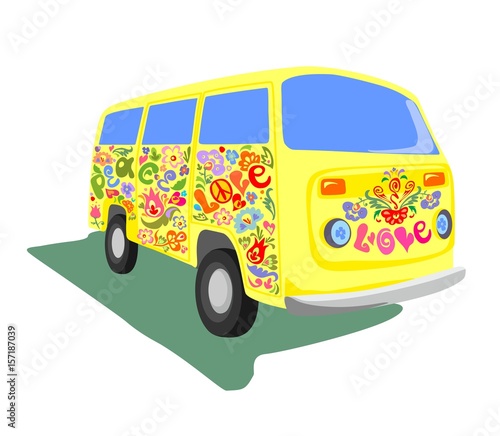 Abstract yellow mini van isolated on white background. Hippie style