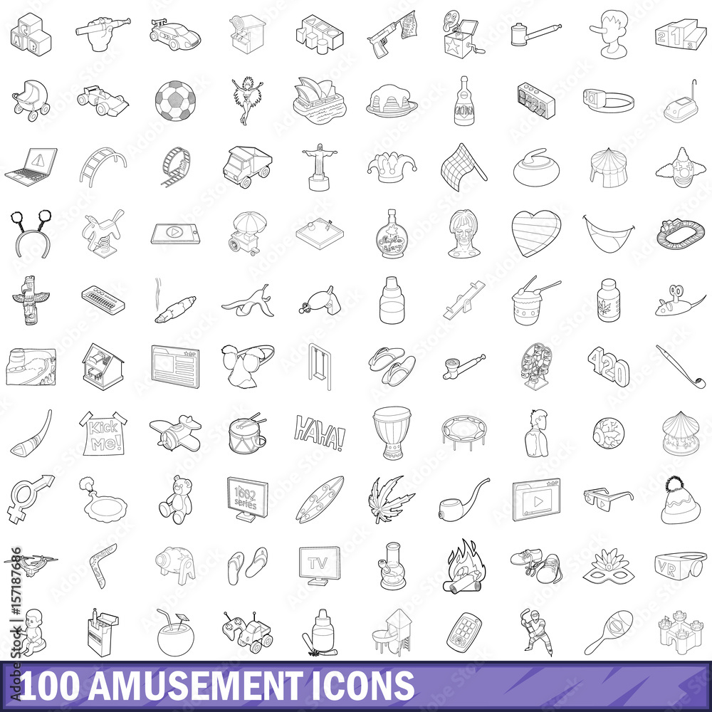 100 amusement icons set, outline style 100 amusement icons set, outline style