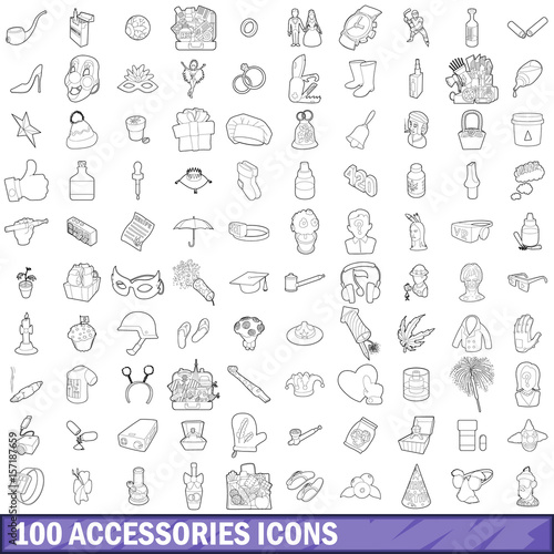 100 accessories icons set  outline style