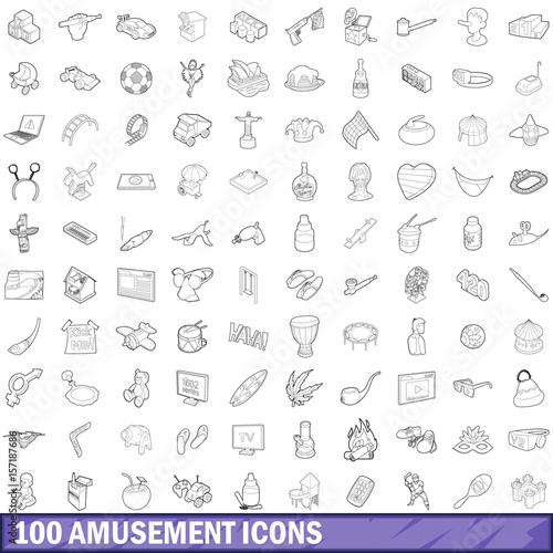 100 amusement icons set, outline style