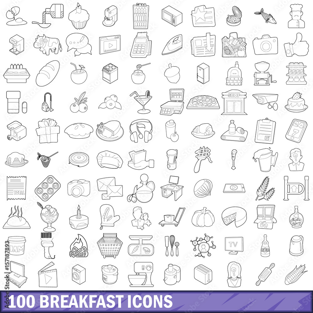 100 breakfast icons set, outline style 100 breakfast icons set, outline style