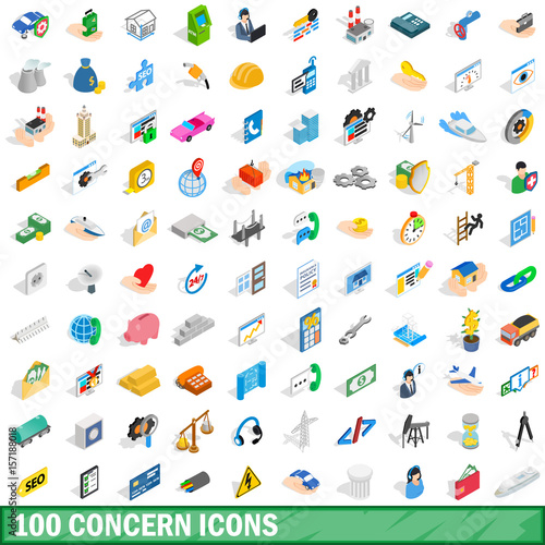 100 concern icons set, isometric 3d style