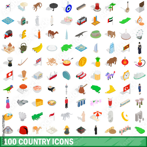 100 country icons set, isometric 3d style