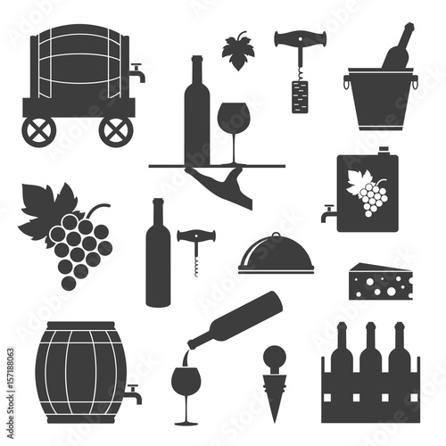 Set of wine related icons on white background.