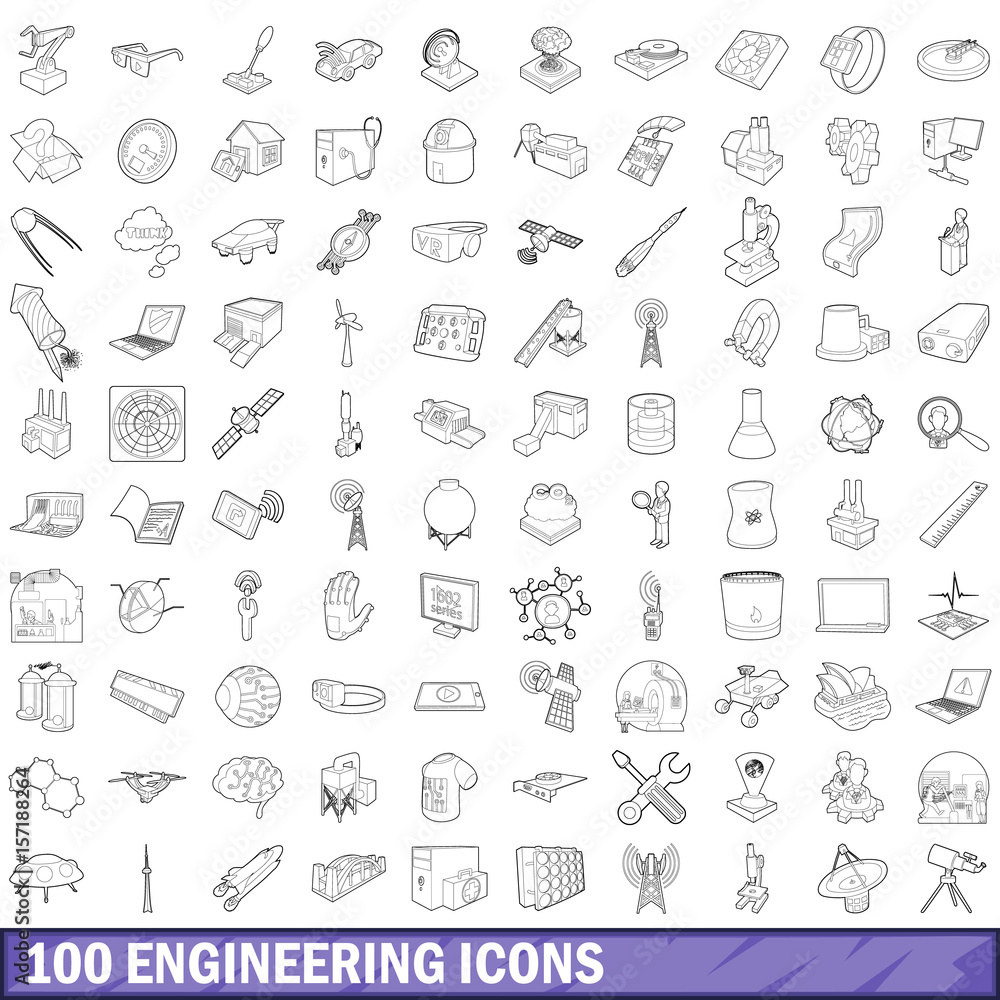 100 engineering icons set, outline style 100 engineering icons set, outline style