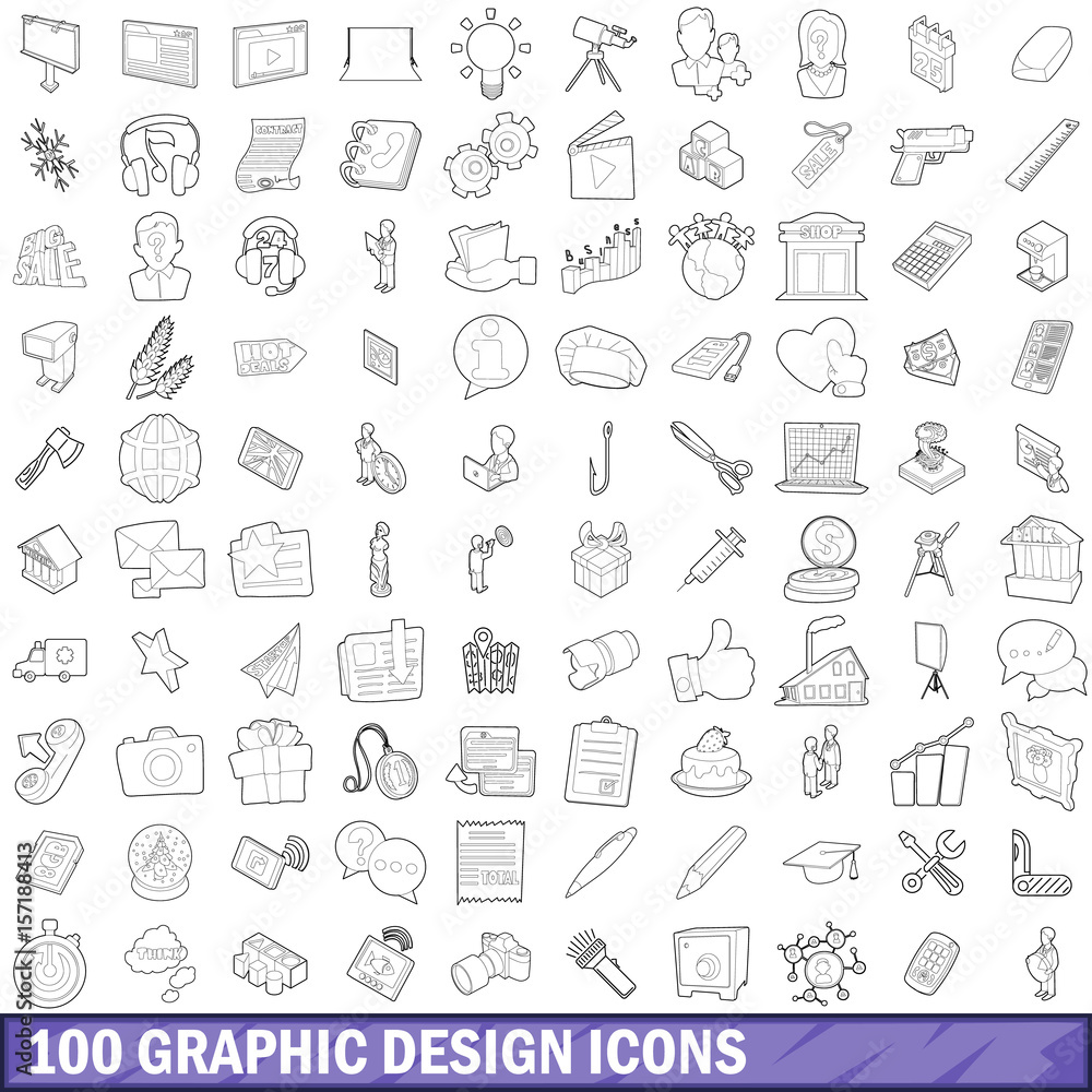 100 graphic design icons set, outline style