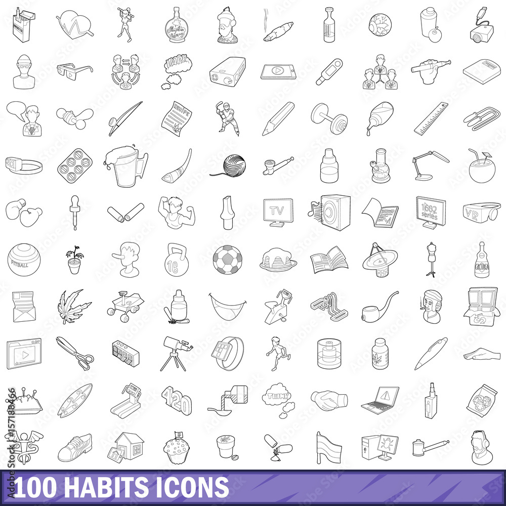 100 habits icons set, outline style 100 habits icons set, outline style