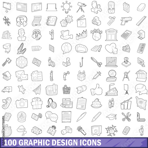 100 graphic design icons set, outline style