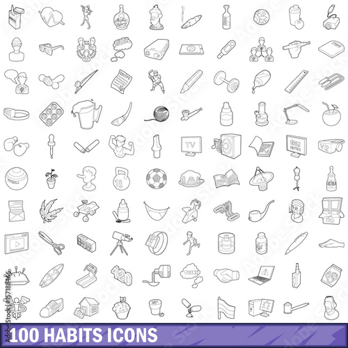 100 habits icons set, outline style
