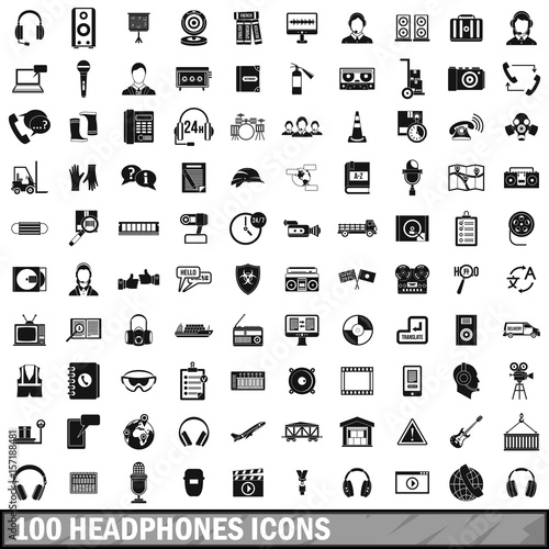 100 headphones icons set, simple style 