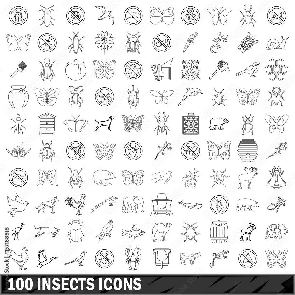 100 insects icons set, outline style 100 insects icons set, outline style