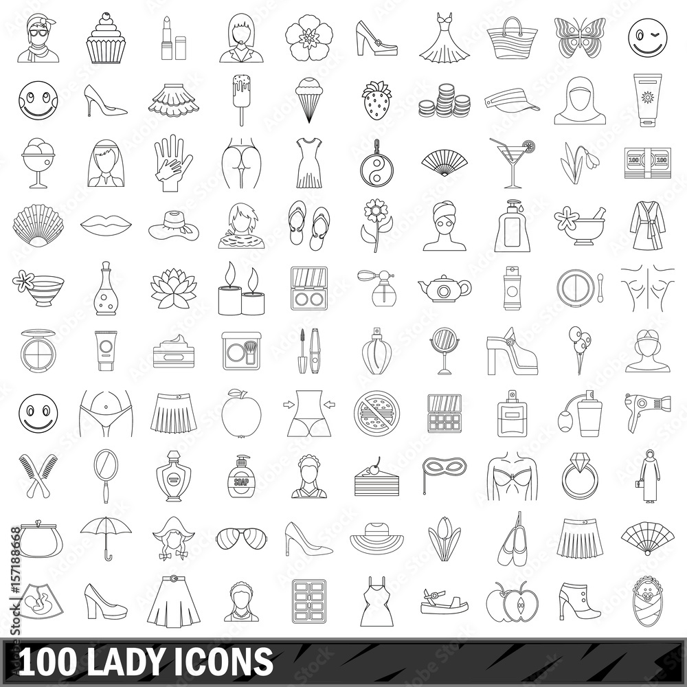 100 lady icons set, outline style 100 lady icons set, outline style