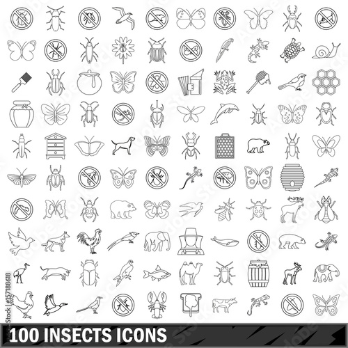 100 insects icons set, outline style