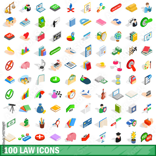 100 law icons set, isometric 3d style