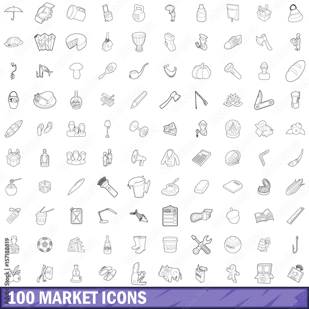 100 market icons set, outline style 100 market icons set, outline style