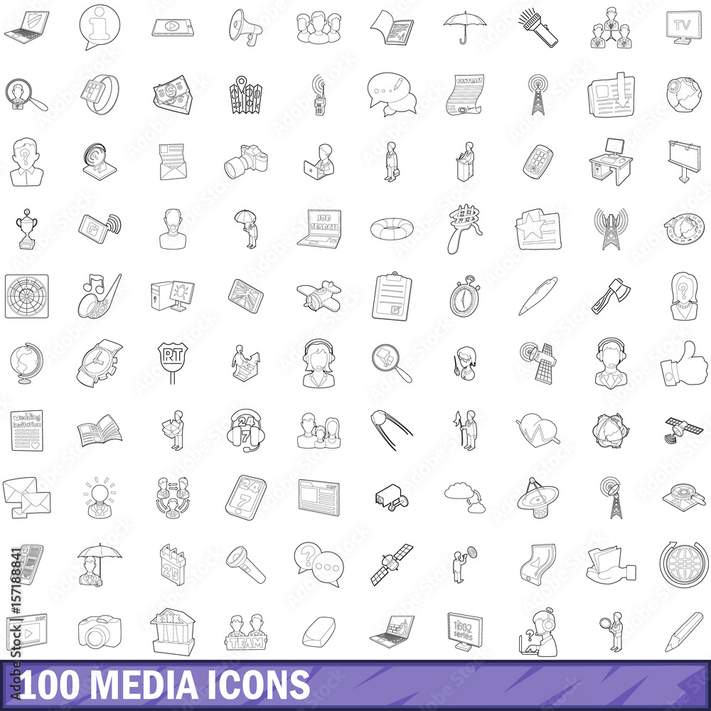 100 media icons set, outline style