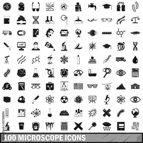 100 microscope icons set, simple style 
