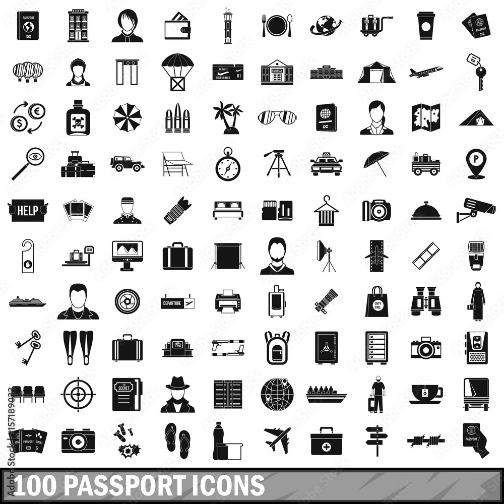 100 passport icons set, simple style 