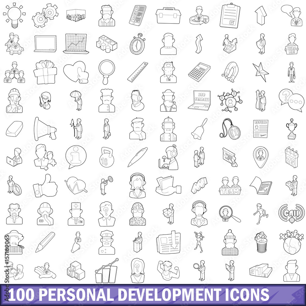100 personal development icons set, outline style 100 personal development icons set, outline style