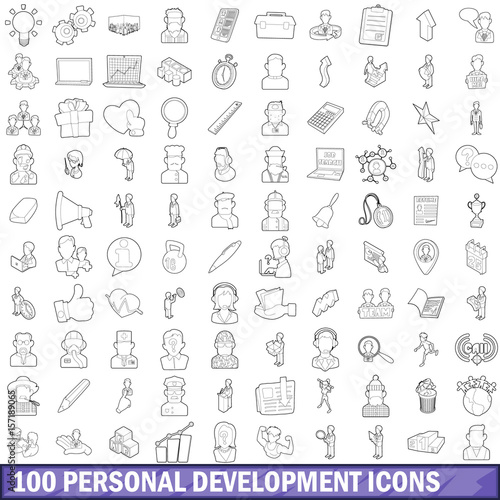 100 personal development icons set, outline style