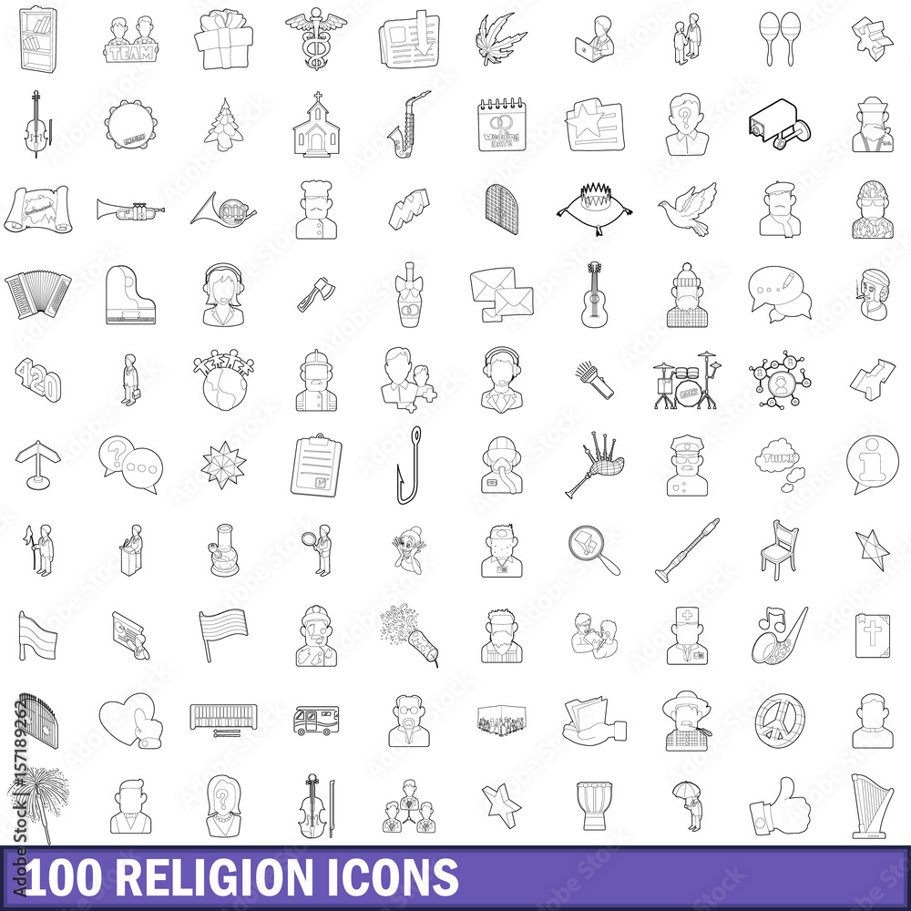 100 religion icons set, outline style 100 religion icons set, outline style