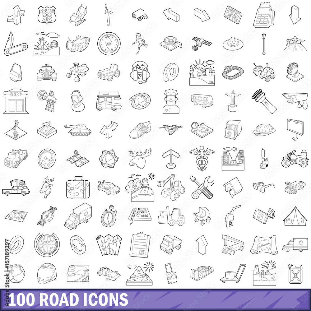 100 road icons set, outline style
