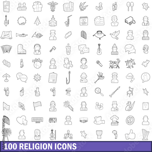 100 religion icons set  outline style