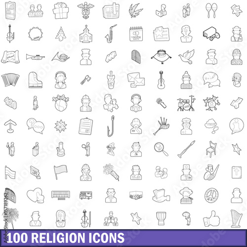 100 religion icons set, outline style
