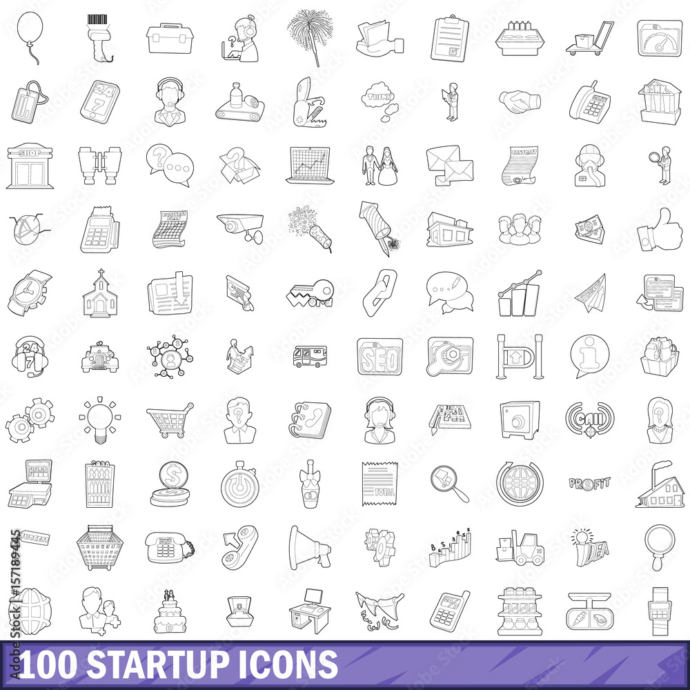 100 startup icons set, outline style 100 startup icons set, outline style