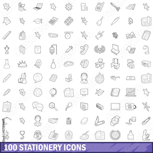 100 stationery icons set, outline style