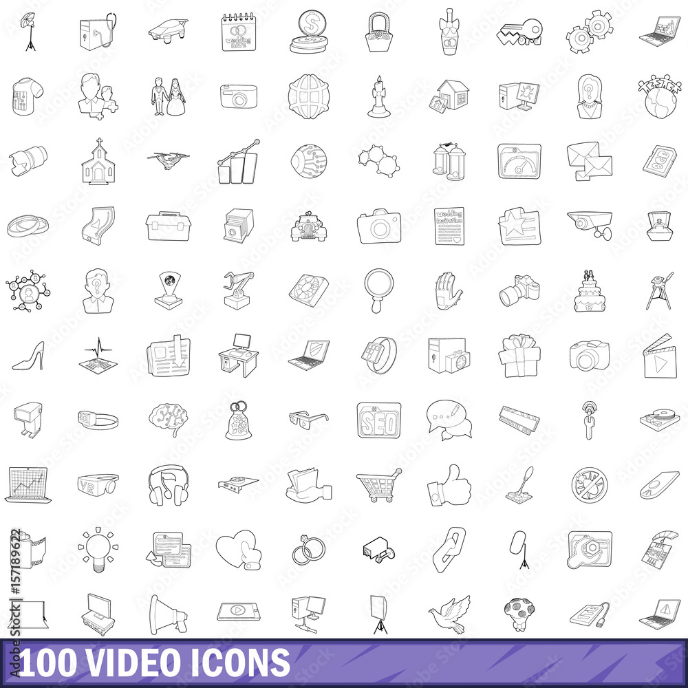 100 video icons set, outline style 100 video icons set, outline style