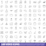 100 video icons set, outline style