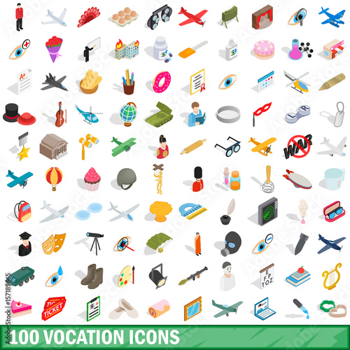 100 vocation icons set, isometric 3d style