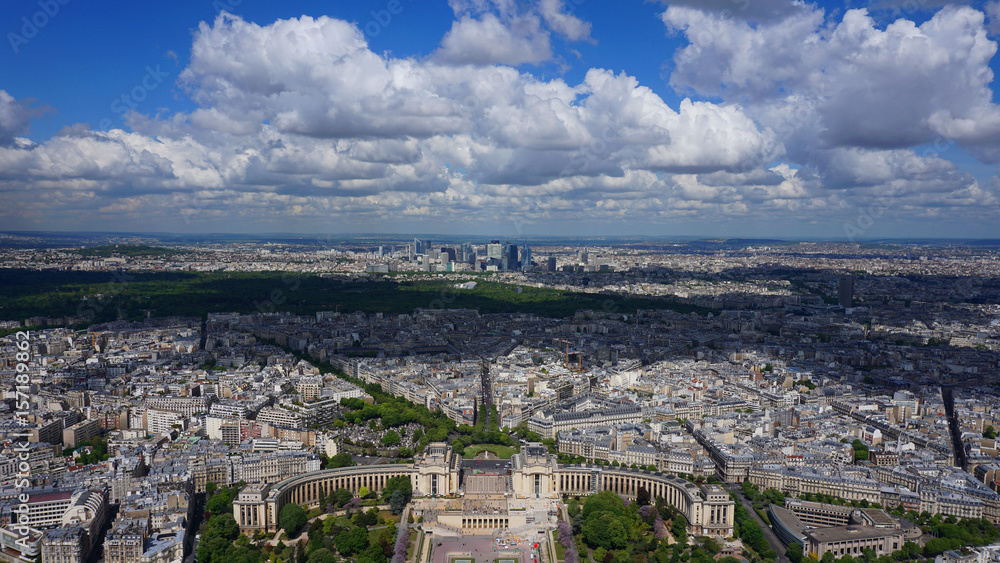 Aerial view of city of Paris from Eiffel tower with beautiful scattered clouds, Paris, France Aerial view of city of Paris from Eiffel tower with beautiful scattered clouds, Paris, France