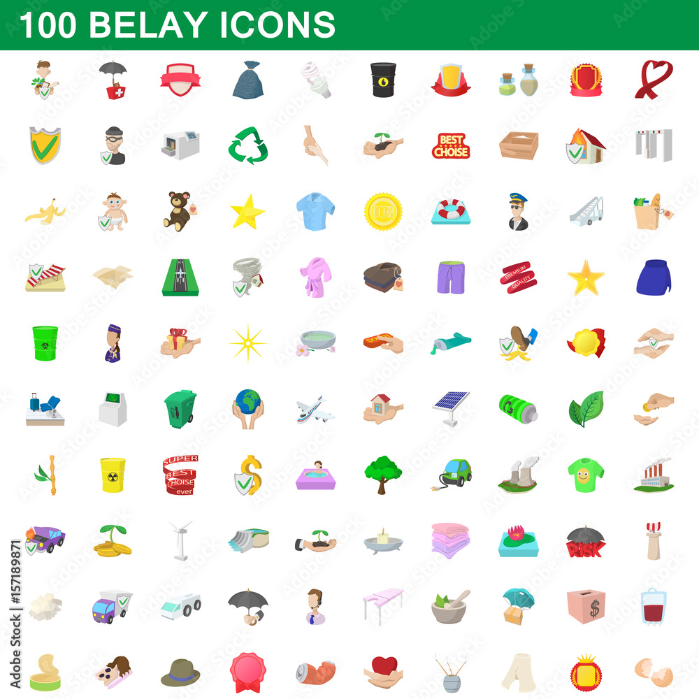 100 belay icons set, cartoon style 100 belay icons set, cartoon style