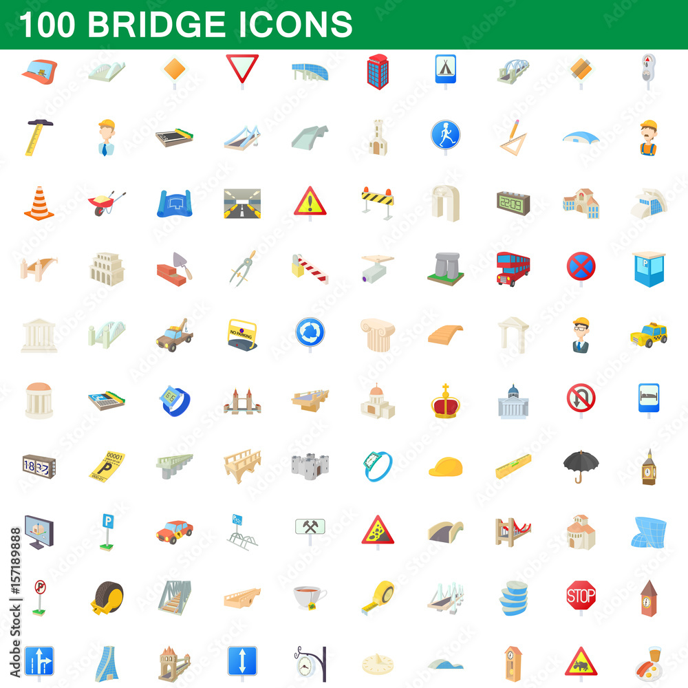 Fototapeta premium 100 bridge icons set, cartoon style