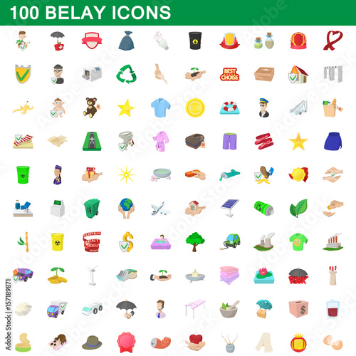 100 belay icons set, cartoon style
