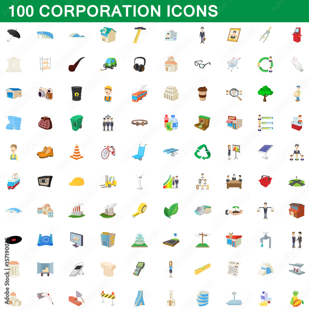 Naklejka premium 100 corporation icons set, cartoon style