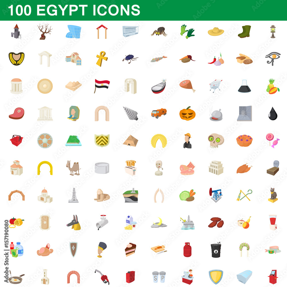 100 egypt icons set, cartoon style 100 egypt icons set, cartoon style